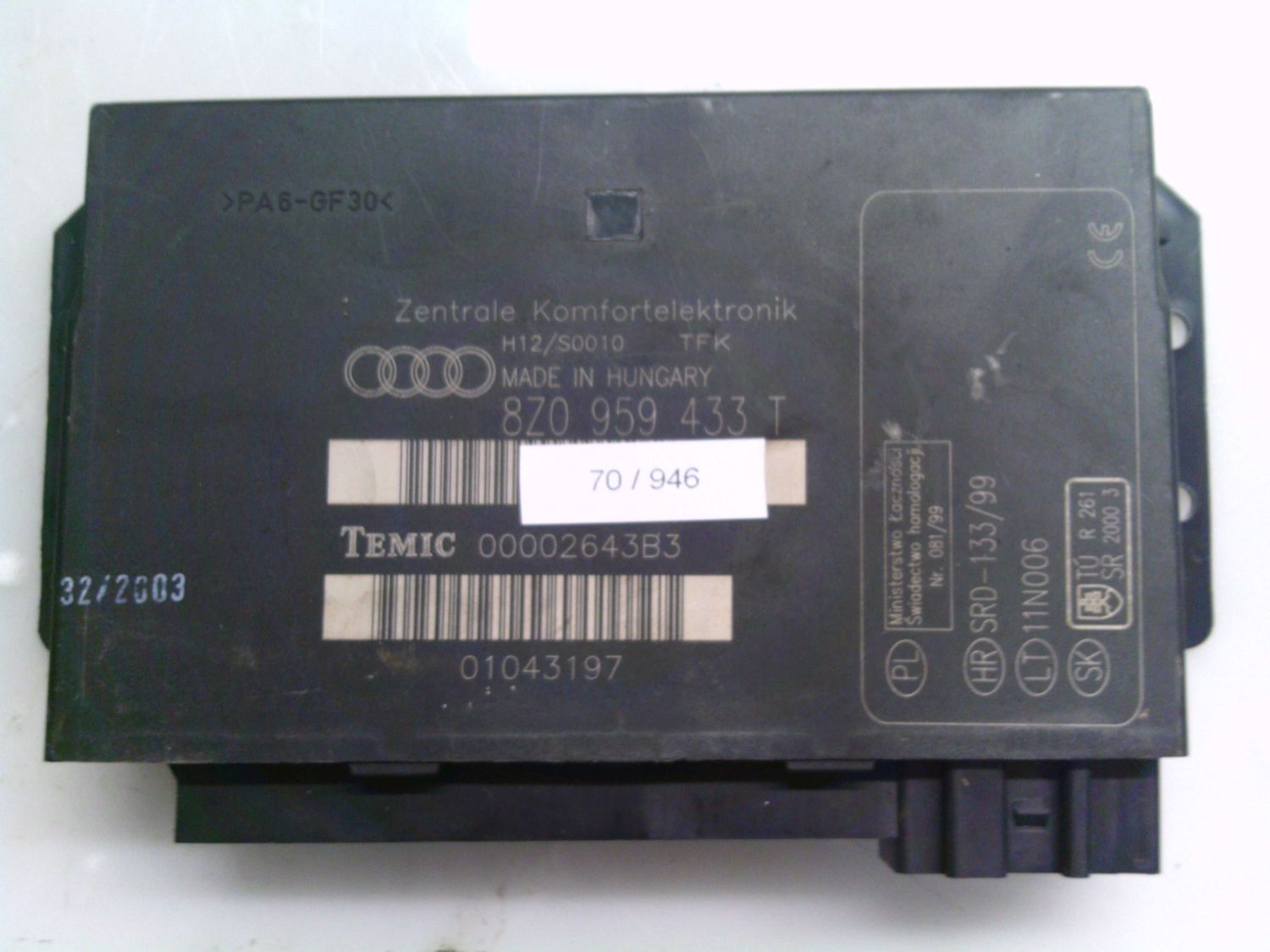70-946 Centralina Modulo Confort Temic 8Z0 959 433 T 8Z0959433T 00002643B3 H12/S0010 AUDI A 2 70-946 Centralina Modulo Confort Temic 8Z0 959 433 T 8Z0959433T 00002643B3 H12/S0010 AUDI A 2
