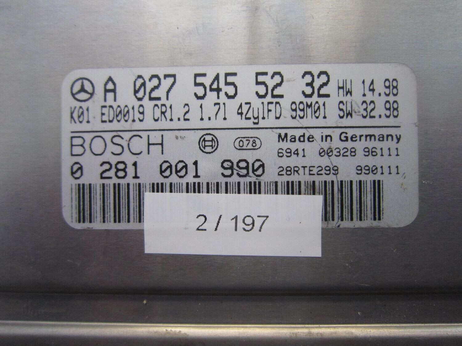 2-197 Centralina Motore Bosch 0 281 001 990 0281001990 A 027 545 52 32 28RTE299 CR1.2 MERCEDES DIESEL CLASSE A 2-197 Centralina Motore Bosch 0 281 001 990 0281001990 A 027 545 52 32 28RTE299 CR1.2 MERCEDES DIESEL CLASSE A