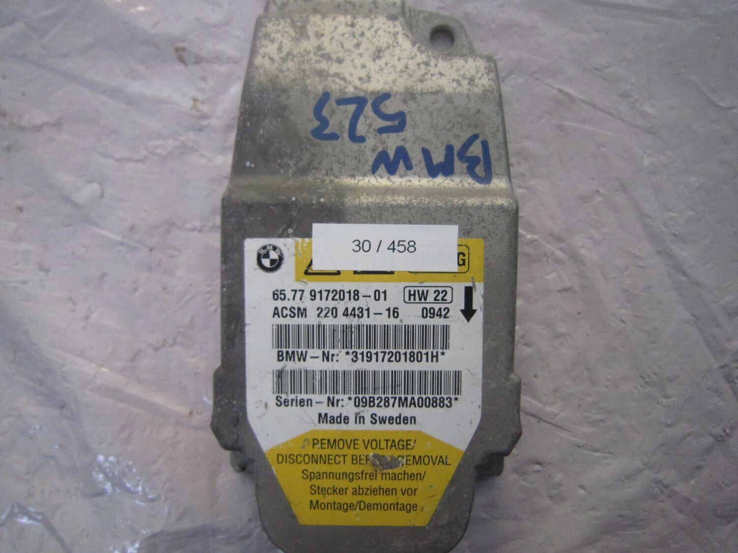 30-458 Centralina Airbag Bmw 65.77 9172018-01 65.77917201801 ACSM 220 4431-16 HW 22 31917201801H BMW SERIE 5 30-458 Centralina Airbag Bmw 65.77 9172018-01 65.77917201801 ACSM 220 4431-16 HW 22 31917201801H BMW SERIE 5