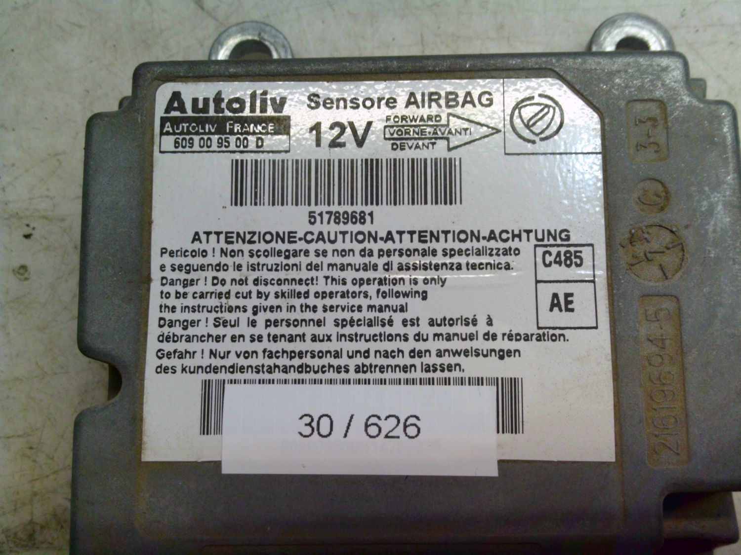 30-626 Centralina Airbag Autoliv 609 00 95 00 D 609009500D 51789681 C485 AE  LANCIA  YPSILON