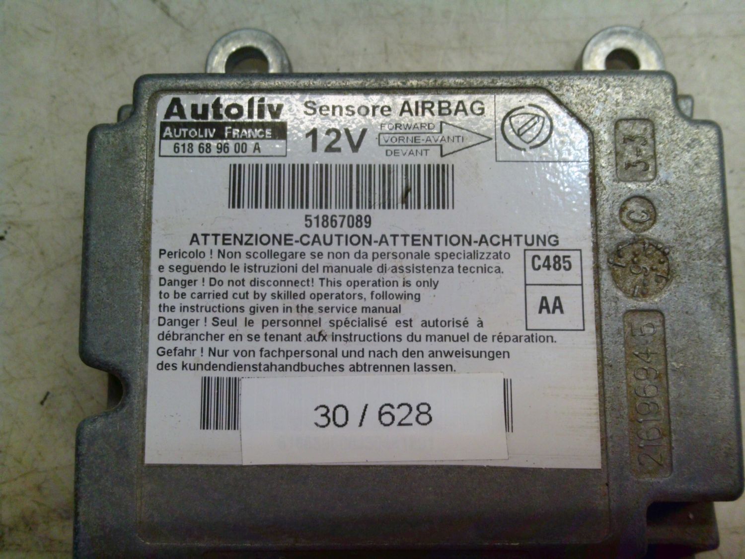 30-628 Centralina Airbag Autoliv 618 68 96 00 A 618689600A 51867089 C485 AA  LANCIA  YPSILON