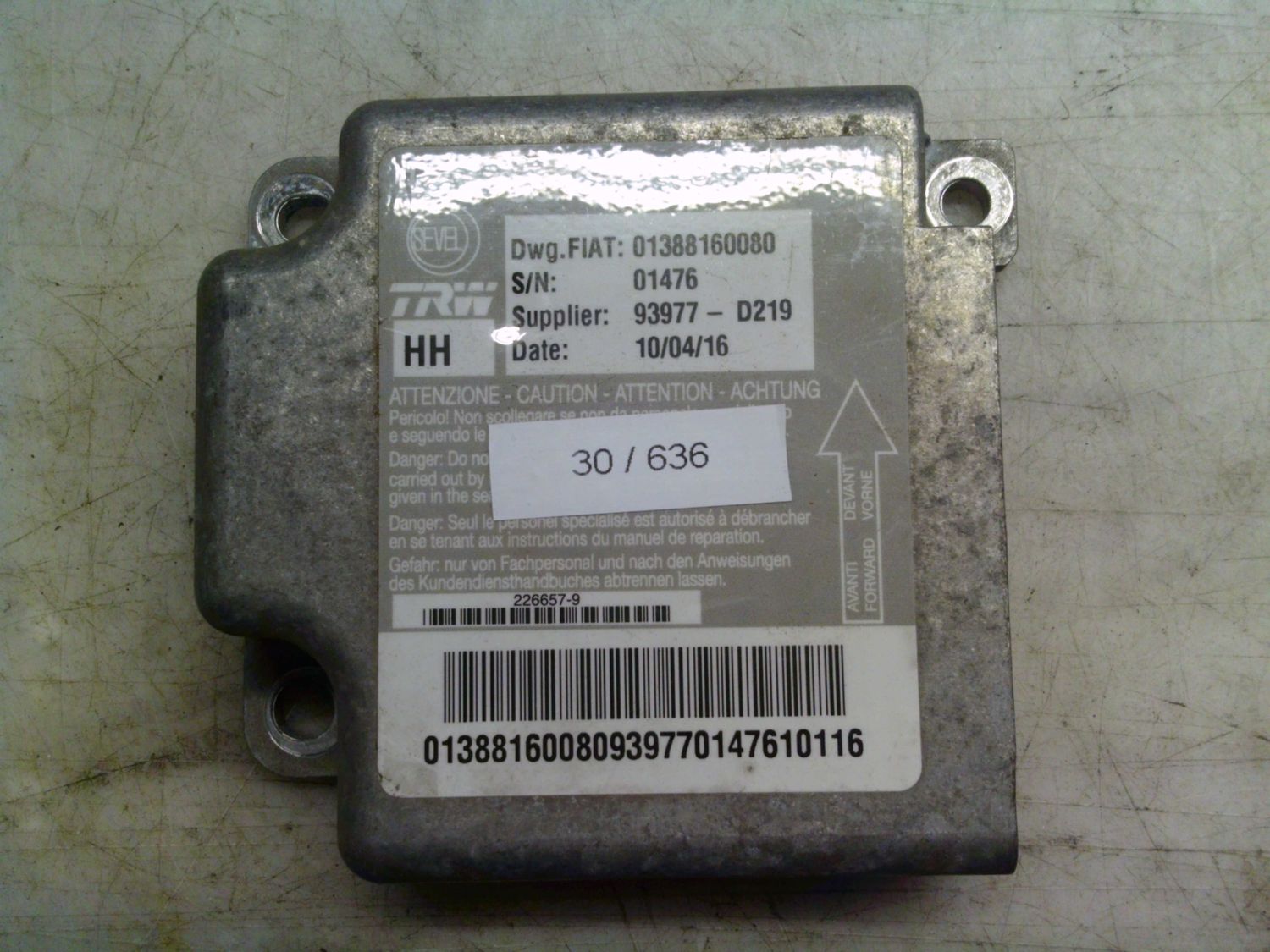 30-636 Centralina Airbag Trw 01388160080   93977-D219    ALFA ROMEO / FIAT / LANCIA  DUCATO