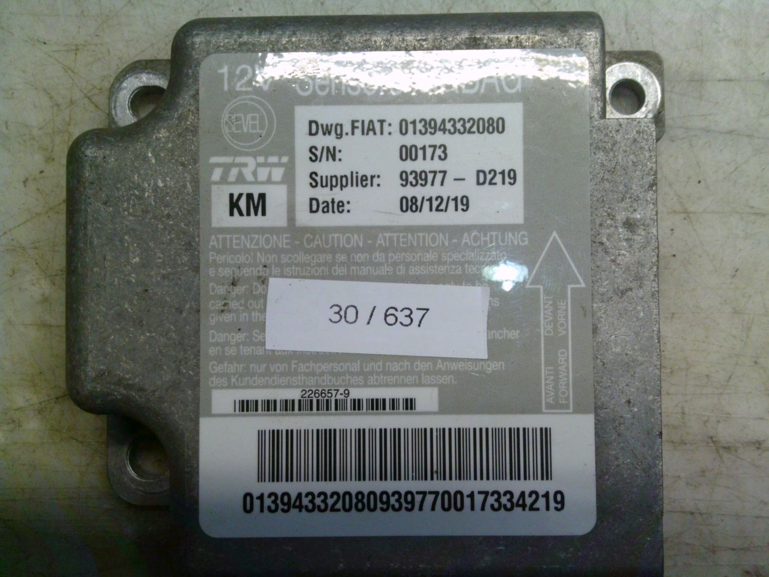 30-637 Centralina Airbag Trw 01394332080   93977-D219    ALFA ROMEO / FIAT / LANCIA  DUCATO