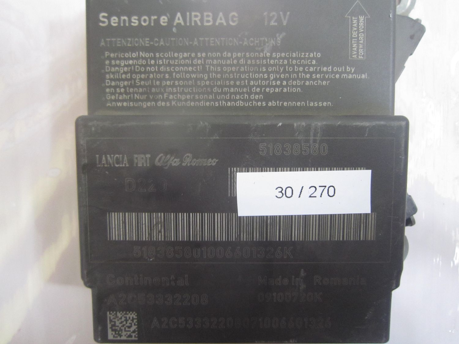 30-270 Centralina Airbag Continental 51838580   A2C53332208    Alfa Romeo / Fiat / Lancia  Punto