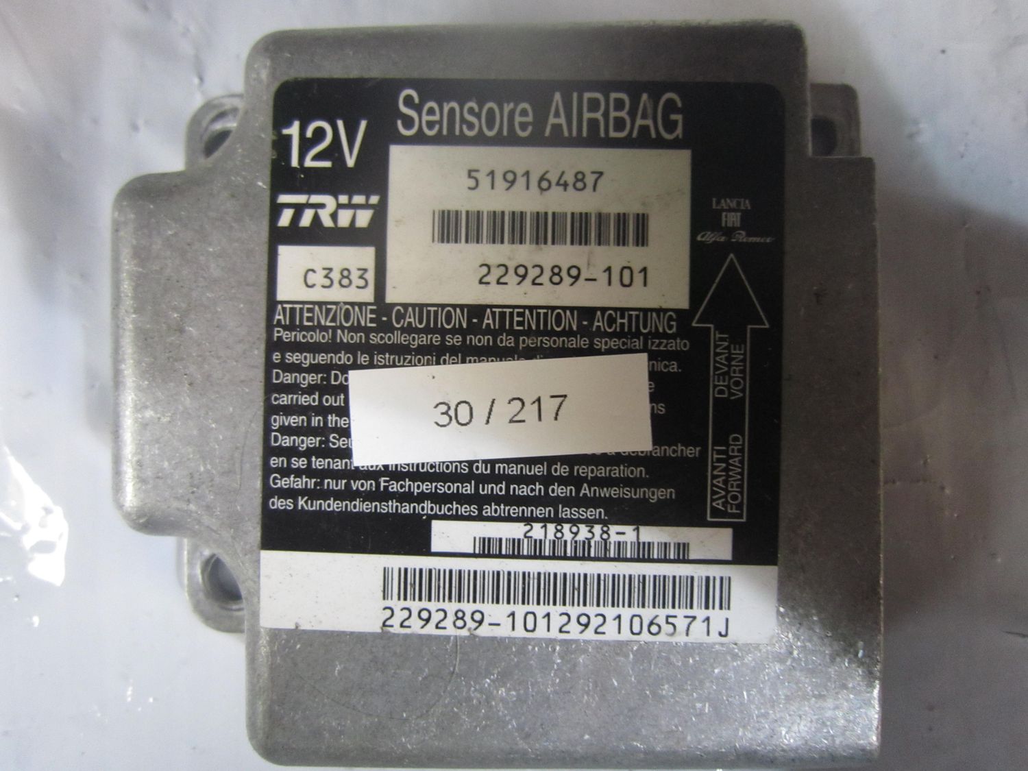30-217 Centralina Airbag Trw 51916487   229289-101 C383  Fiat   Panda