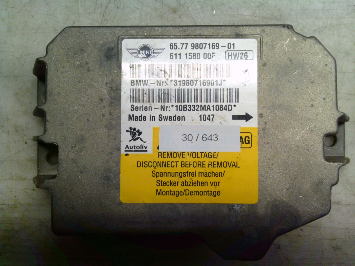 30-643 Centralina Airbag Autoliv 6577 9807169-01 6577980716901 611 1580 00F    MINI  Cooper