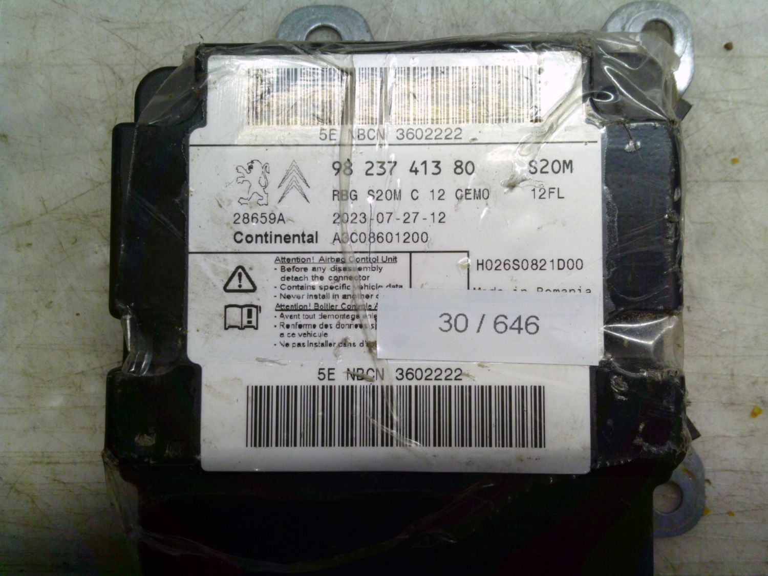 30-646 Centralina Airbag Continental 98 237 413 80 9823741380 A3C08601200 H026S0821D00   PEUGEOT  208