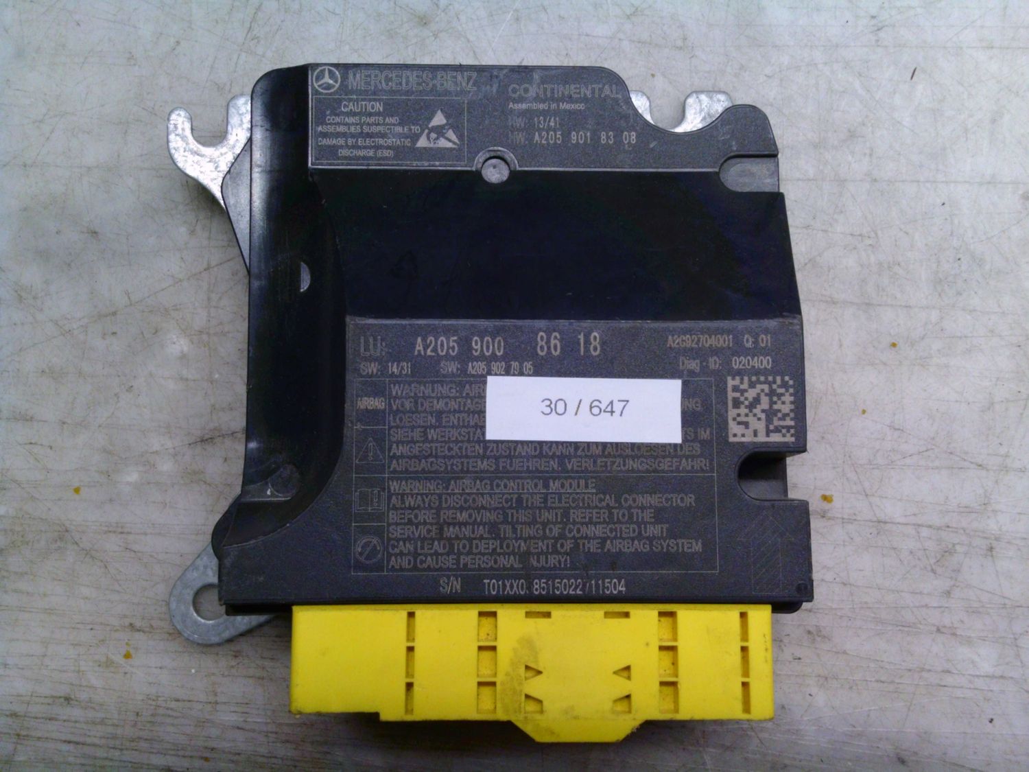 30-647 Centralina Airbag Continental A205 900 86 18 A2059008618 A205 902 79 05 A2C92704001   MERCEDES  Classe C