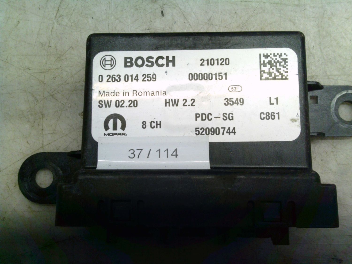 37-114 Centralina sensori parcheggio Bosch 0 263 014 259 0263014259 52090744 PDC-SG SW: 02.20 HW: 2.2 FIAT  500
