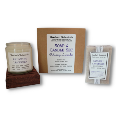 Lavender SOAP + CANDLE SET with WOOD DECK