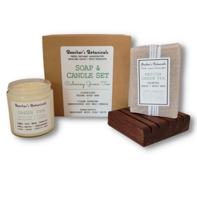 Green Tea SOAP + CANDLE SET with WOOD DECK