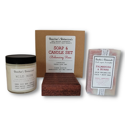 Rose SOAP + CANDLE SET with WOOD DECK