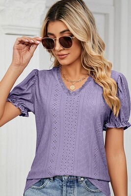 DoublJu Lavender Punching Lace Puff Sleeve Top