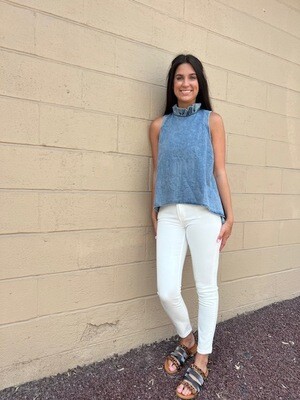 Mazik Denim High Neck Ruffled Sleeveless Back Tie Top