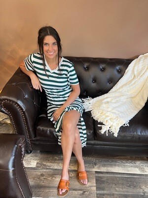 Green And White Stripe T-shirt Dress With Side Slit