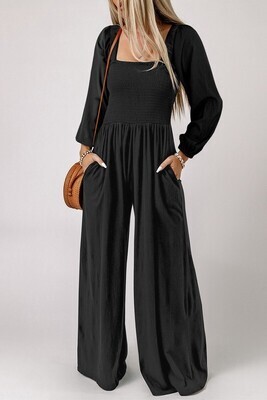 Black Flowy Long Sleeve Jumpsuit With Smocked Chest