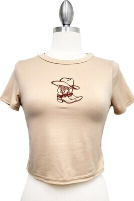 Vintage Point Taupe Cowboy Boot Print Cropped Short Sleeve T-shirt