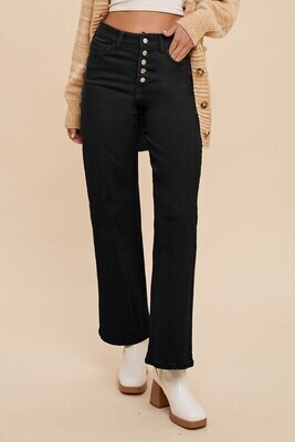AnnieWear Black High Rise Stretch Button Fly Wide Trouser Denim Jeans