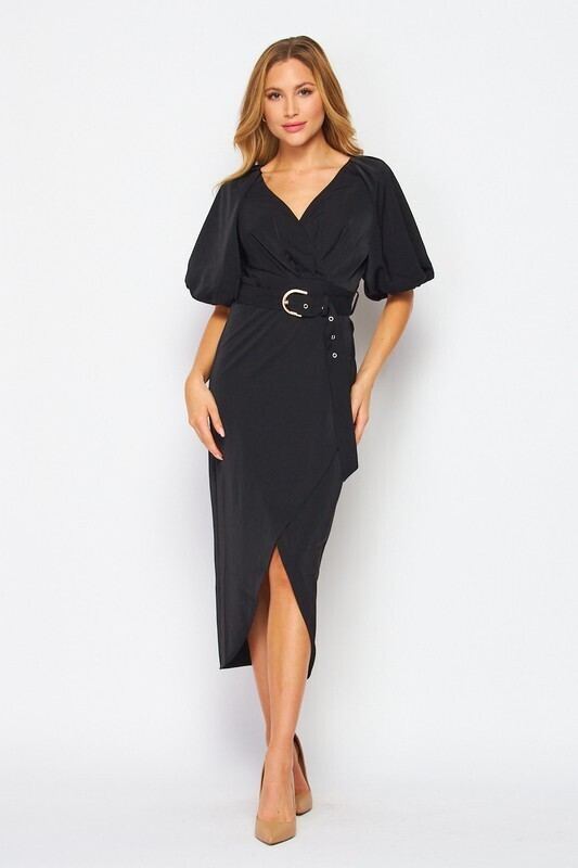 BrigitFashion Black Bubble Sleeve V-Neck Midi Dress With Adjustable Belt