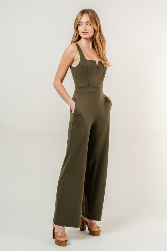 Olive Green V-Cut Jumpsuit