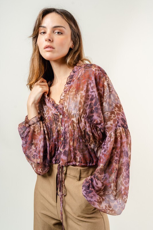 Fore Ruffled V-Neck Multicolor Cheeta Blouse