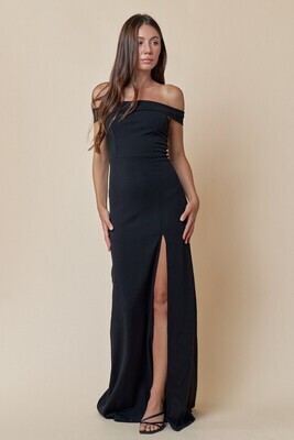 Black Off Shoulder Front Slit Maxi Evening Dress