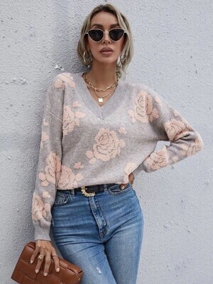 Gray Rose Patterned Chinelle Knit Sweater