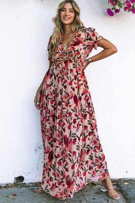 Red And Pink Floral Print V-Neck Maxi Dress