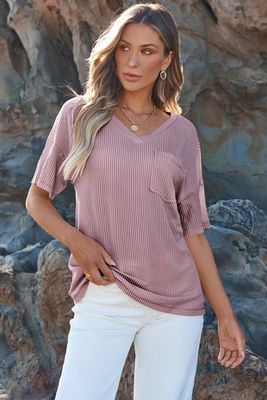 Lilac V-Neck Corded Short Sleeve T-shirt