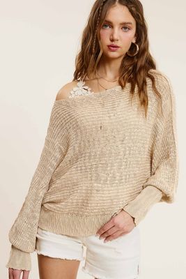 Soy Latte Open Knit Reversed Hem Batwing Sleeve Top