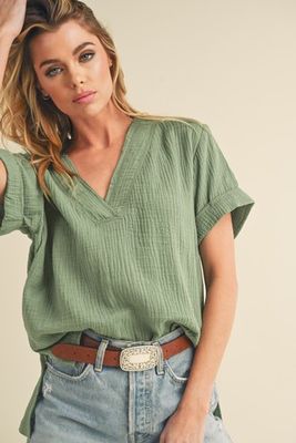 Seagreen Oversize Cotton Gauze V-Neck Top