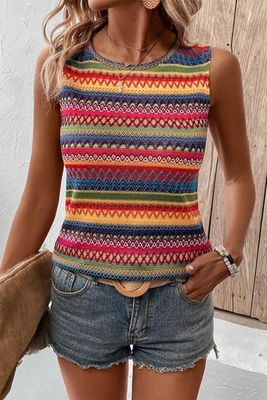 Wavy Aztec Multicolor Round Neck Tank Top