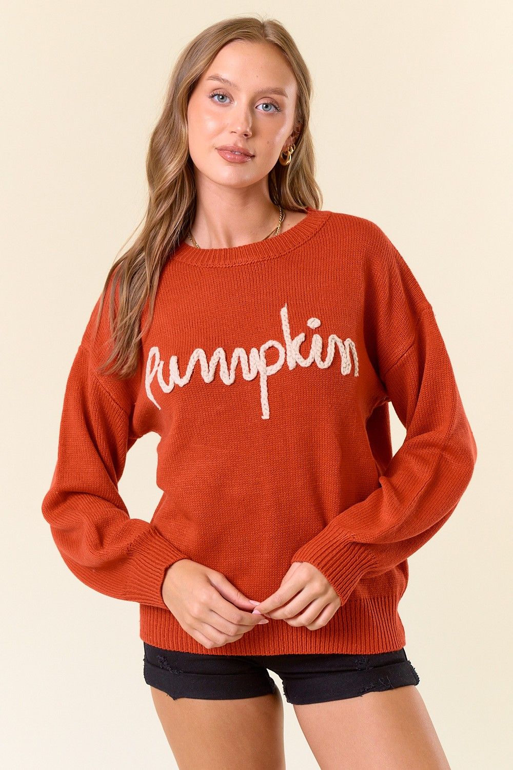 Doe And Rae Pumpkin Letter Embroidered Round Neck Oversized Sweater