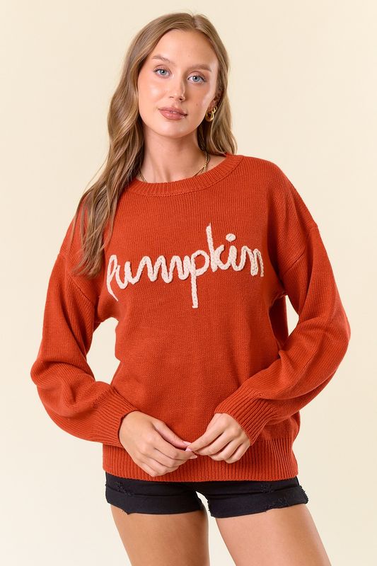 Doe And Rae Pumpkin Letter Embroidered Round Neck Oversized Sweater