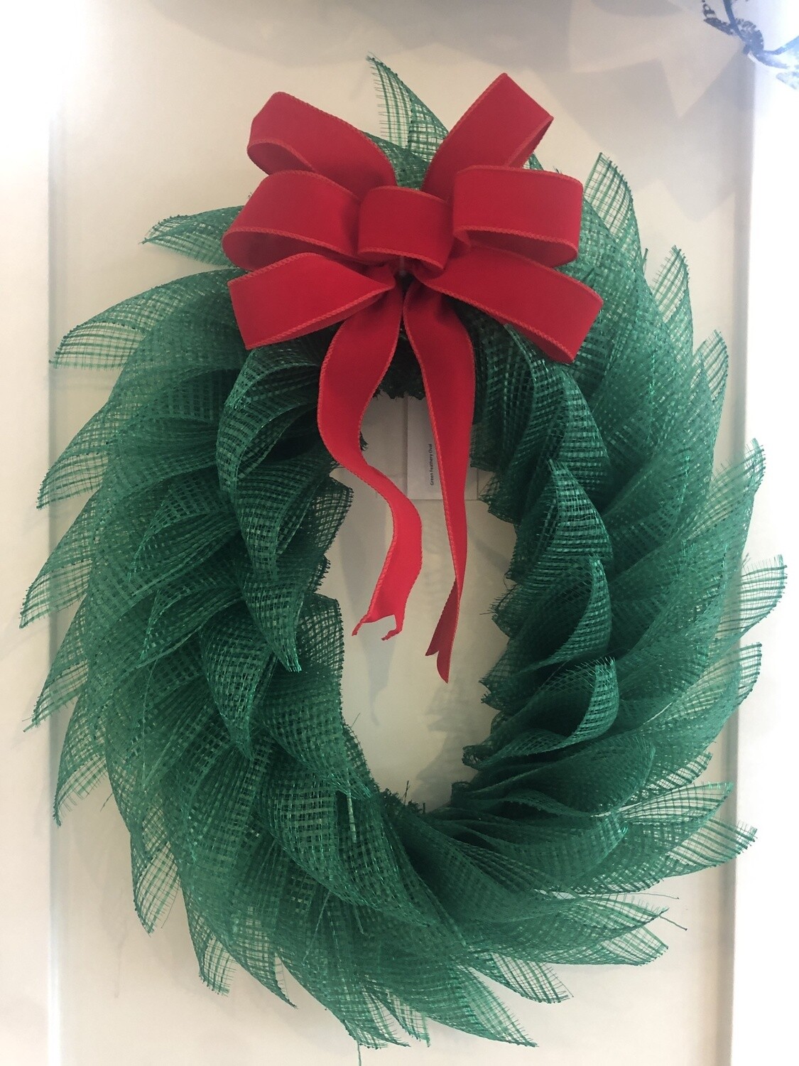 Green Feathery Oval Wreath with Red Bow