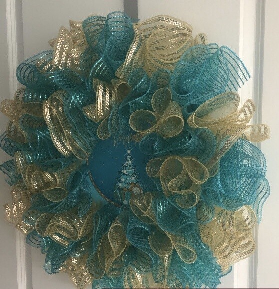 Merry Christmas Teal & Gold Decomesh Wreath