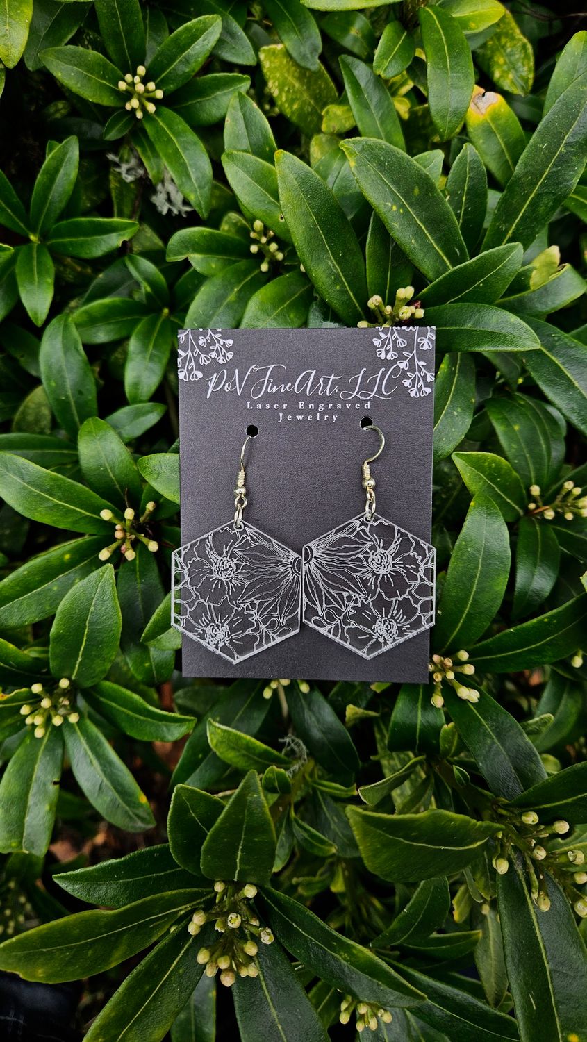 Floral Hexagon Clear Acrylic Earrings