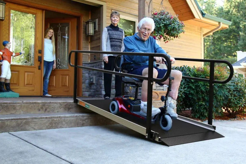EZ-ACCESS GATEWAY 3G Solid Surface Aluminum Portable Wheelchair Ramp with Textured Surface, Self-Adjusting Bottom Transition Plates, and 2 Line Handrails EZ-ACCESS GATEWAY 3G Solid Surface Aluminum Portable Wheelchair Ramp with Textured Surface, Self-Adjusting Bottom Transition Plates, and 2 Line Handrails
