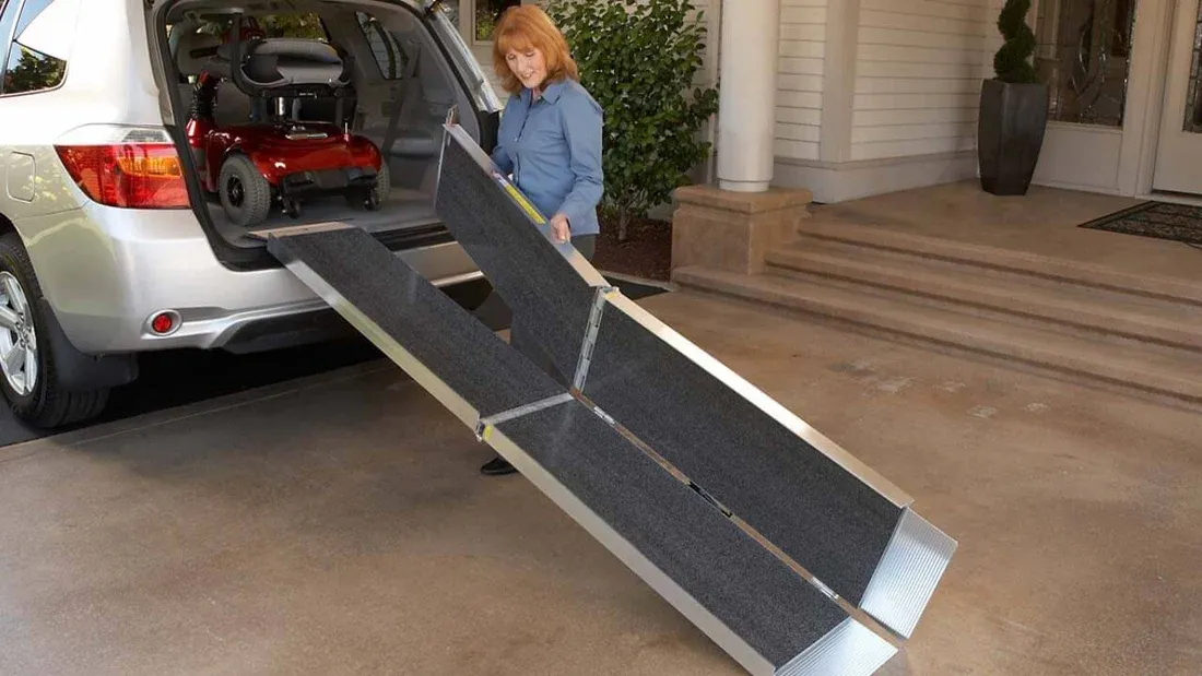 EZ-ACCESS Suitcase Trifold Portable Aluminum Folding Ramp with Slip-Resistant Applied Surface and Self-Adjusting Bottom Transitions Plates