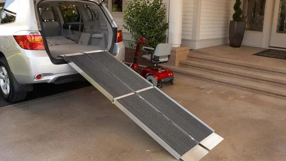 EZ-ACCESS Suitcase Trifold Portable Aluminum Folding Ramp with Slip-Resistant Applied Surface and Self-Adjusting Bottom Transitions Plates