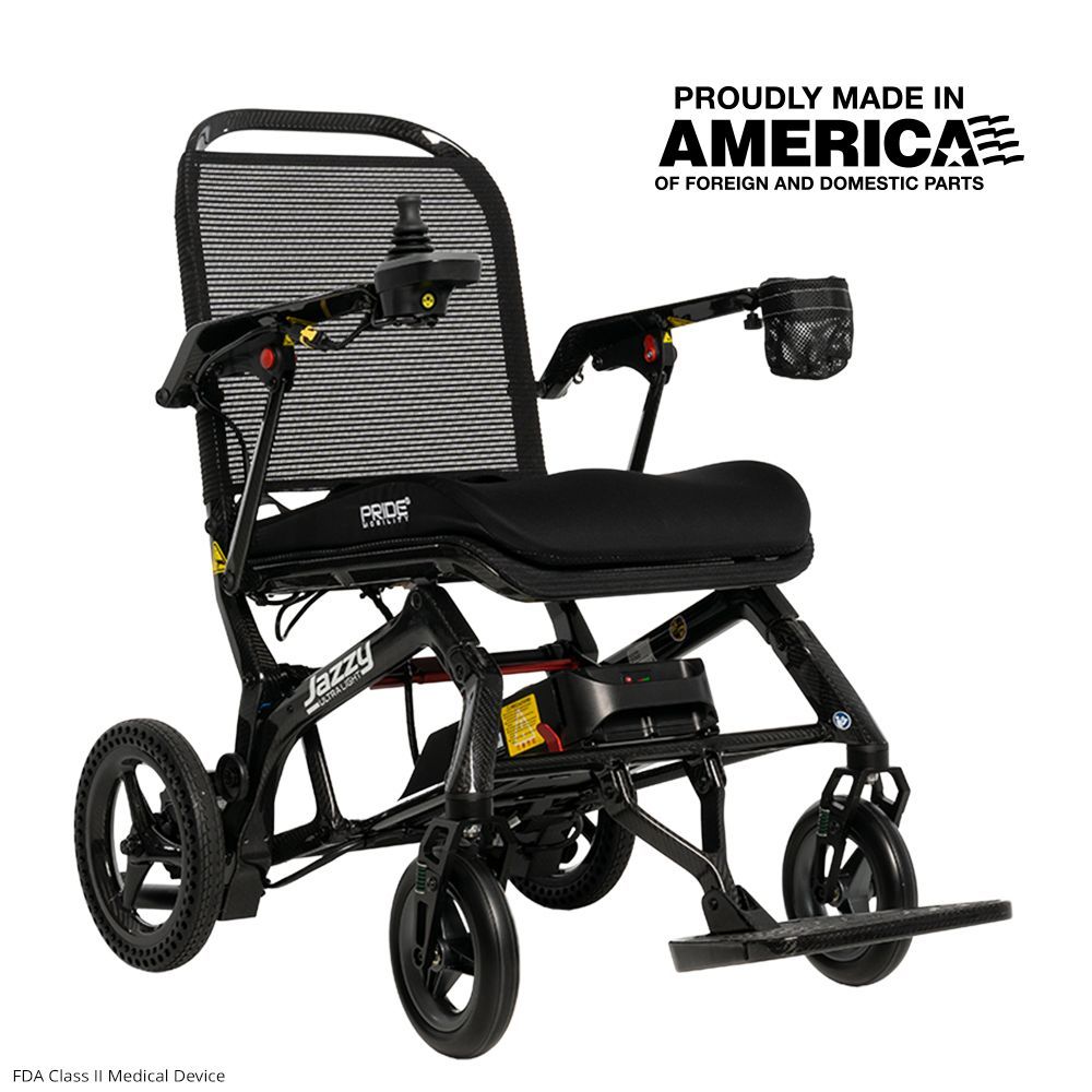 Pride Jazzy Ultra Light - Lightweight Foldable Electric Wheelchair for Travel, Carbon Fiber Frame, 300 Lbs Capacity, Airline-Compliant 10Ah Lithium Battery
