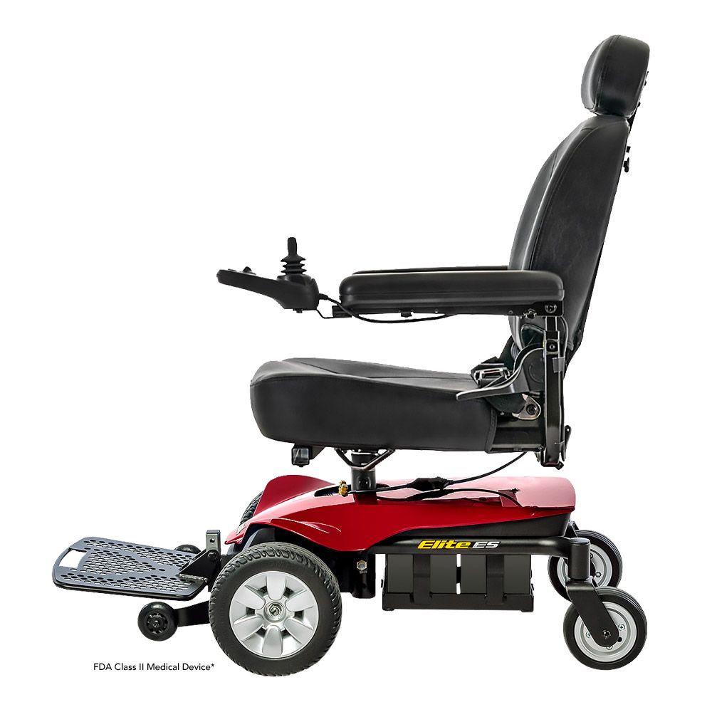 Pride Jazzy Elite ES - Power Chair, Red, in-line, Front Wheel Drive, Motorized Electric Wheelchair, 300 lbs. WC, Up to 4 MPH, 15 Miles Range Per Charge