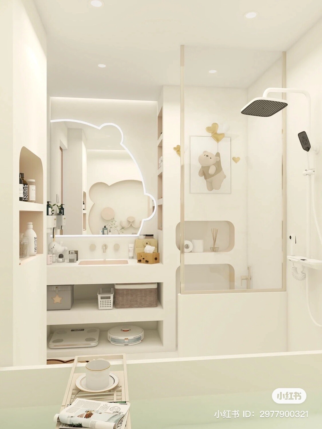 小熊卫生间除雾化妆镜 三色灯款 / Bear-Shaped Anti-Fog Bathroom Mirror with 3-Color Light, size: 小号/Small Size （70*85cm）