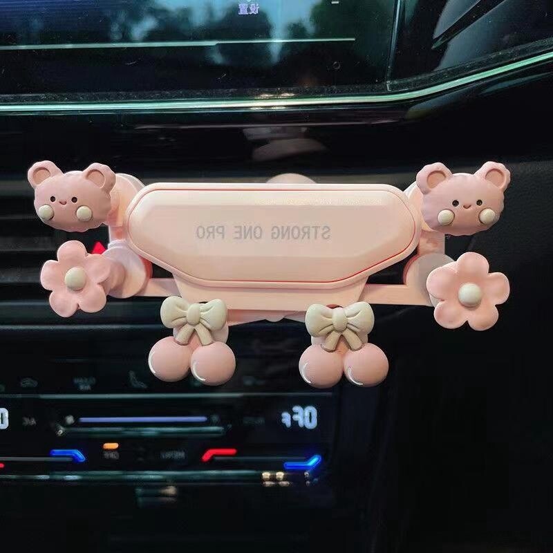 可爱卡通车载支架出风口防抖支撑夹六点固定 小熊, color: 粉色可爱小熊