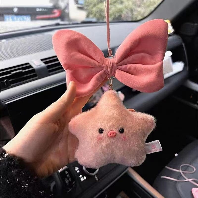 可爱蝴蝶结猪猪星星毛绒公仔汽车挂件车内后视镜挂绳