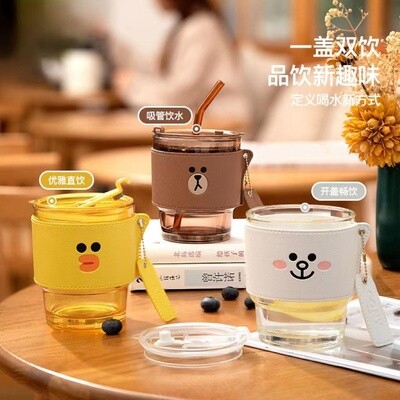 LINE FRIENDS卡通玻璃吸管杯INS风家用可爱办公高颜值情侣带盖轻奢牛奶咖啡杯