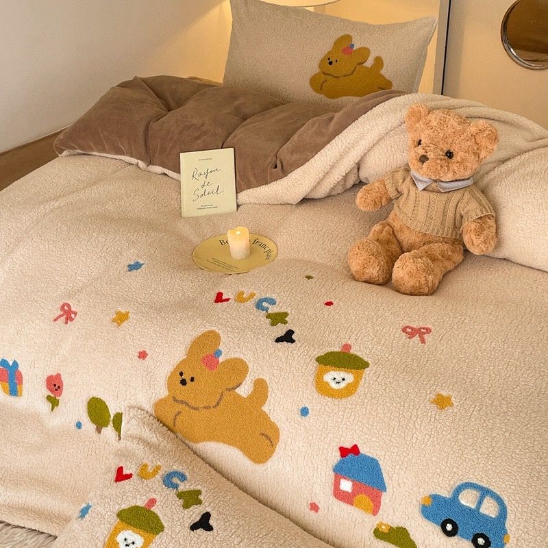 【新品上架】可爱泰迪绒四件套（适用于200*230被套） / Cute Teddy Fleece Bed Sheet Set for 200x230cm Duvet, color: 狗仔派对 / Puppy Party