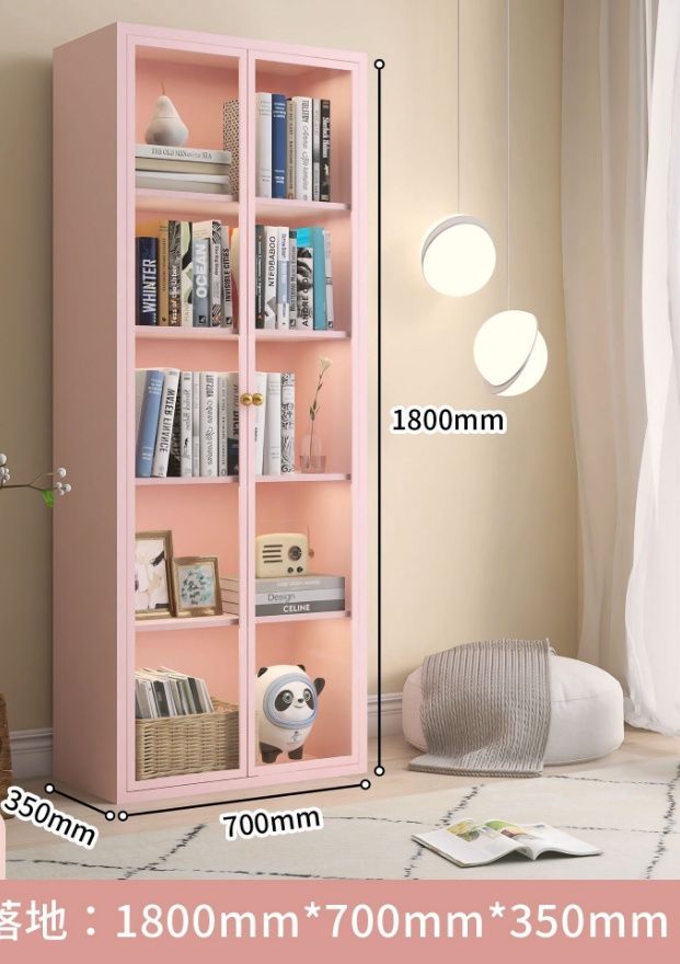 【在途现货】单面玻璃铁皮防尘展示柜 双开门70cm长 两个颜色可选（内部可调节）/【Pre-Order】 Double Door Glass &amp; Metal Display Cabinet 70cm (Adjustable Interior) 2 Option, color: 【在途现货】粉色/Pink