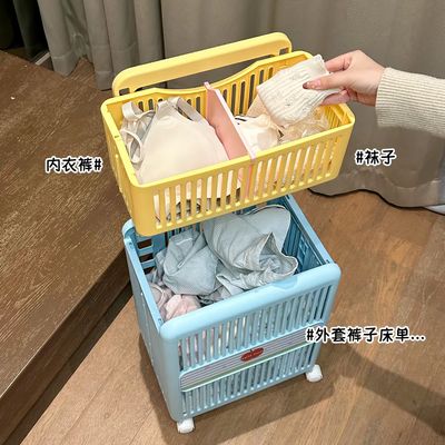 双层分区折叠小推车脏衣篓/ Double-Layer Folding Laundry Cart with Compartments