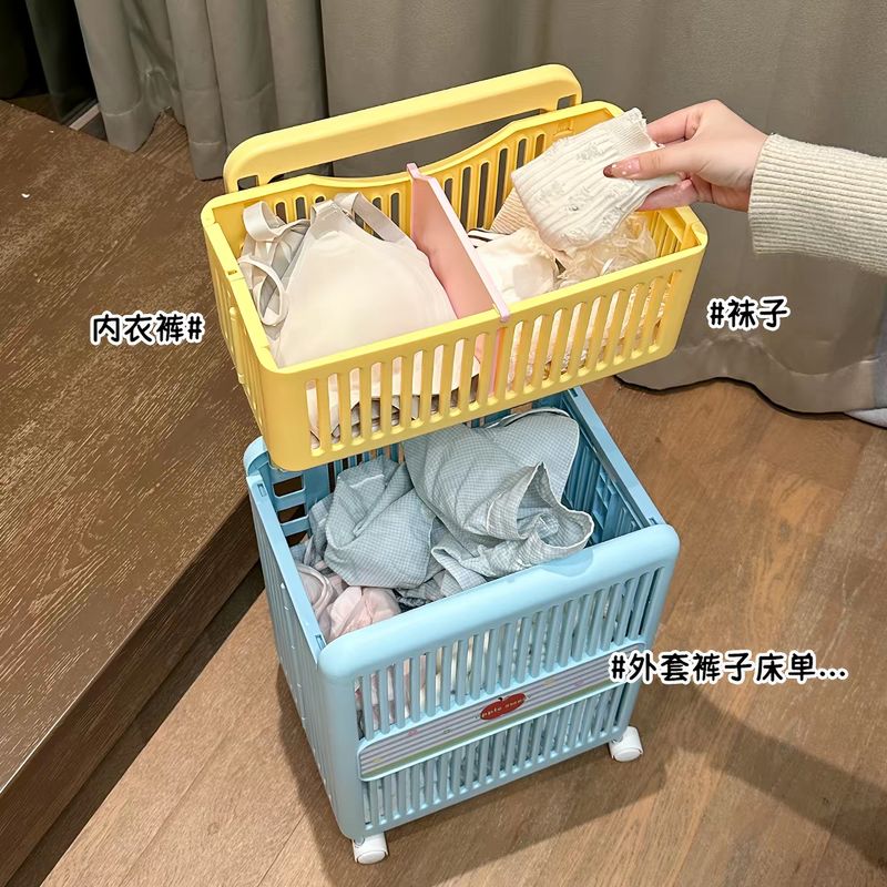 Double-Layer Folding Laundry Cart with Compartments 双层分区折叠小推车脏衣篓